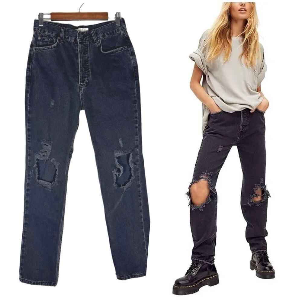 We The Free | Women | Lasso Black Distressed High Waist Straight Leg Jeans | 28